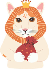 Vector illustration of a flat-style Cartoon Lion cat proudly clutching a bag of money - Zodiac artwork
