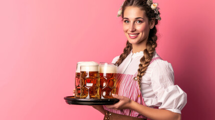 Girl in German traditional costume with tray and beer glasses smiling, German beer