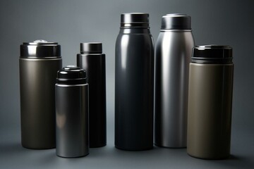 Tall & slim dark metal containers to store & carry liquids. Generative AI
