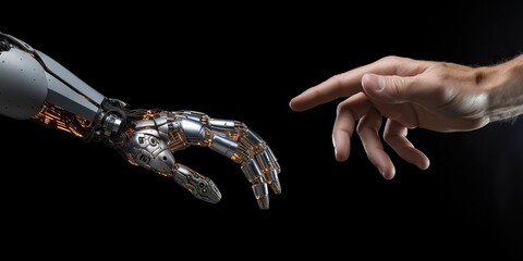 robot hand shake with human, the extreme right third of an image, on the extreme right third of an image, space for text, hyper-detailed, Cinematic