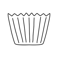 Paper cup for baking muffins or cupcakes, bakery accessory, doodle vector outline for coloring book
