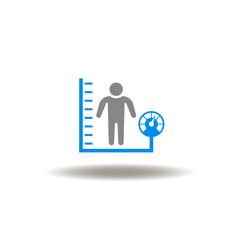 Vector illustration of human with weigher and ruler or measuring tape. Icon of BMI Body Mass Index. Symbol of weight control.