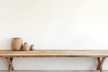 Fototapeta na wymiar Empty wooden sage table over white wall background