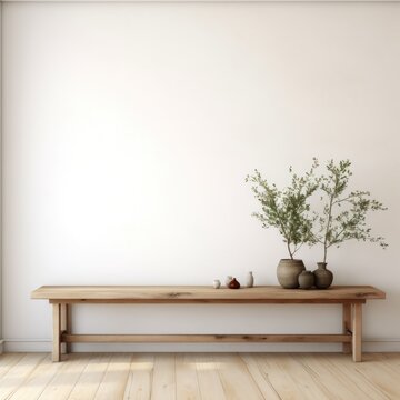 Empty wooden sage table over white wall background
