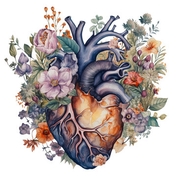 Watercolor illustration of realistic heart with flowers. Transparent background, png