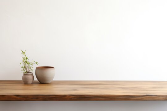 Empty wooden sage table over white wall background