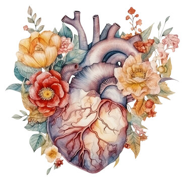 Watercolor illustration of realistic heart with flowers. Transparent background, png
