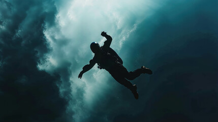 Skydiving Stunt Silhouette. The Grace of a Skydiver's Dance in the Clutches of Gravity. Freefall Fantasy - obrazy, fototapety, plakaty
