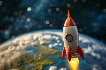 Toy rocket in orbit around a realistic globe. Plasticine art, clay. Space missions and travel concept. Science fiction. Illustration for design, poster