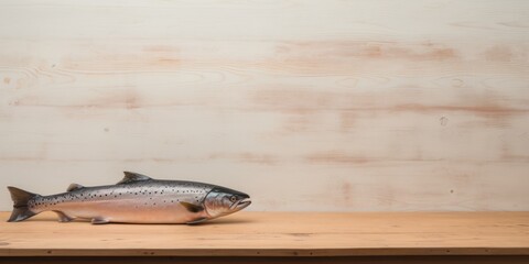 Empty wooden salmon table over white wall background