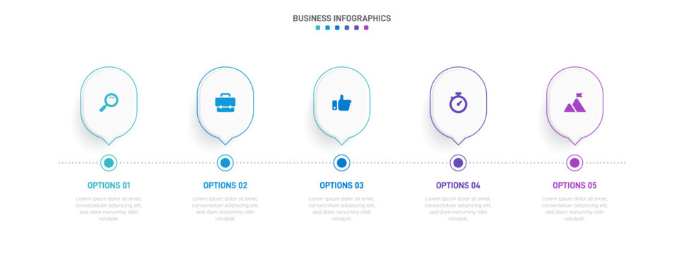 Timeline infographic with infochart. Modern presentation template with 5 spets for business process. Website template on white background for concept modern design. Horizontal layout.