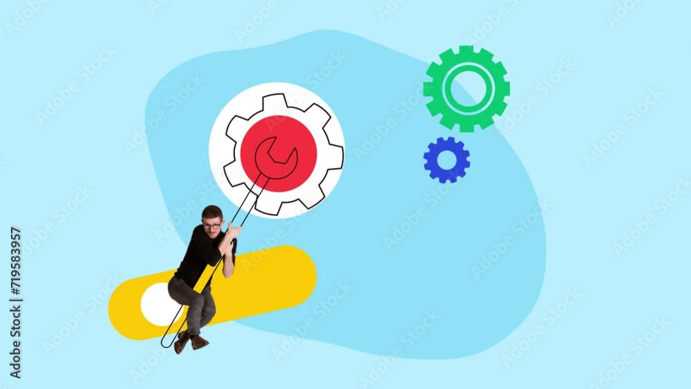 Wall mural young man, employee working on fixing problems with project, software tasks. creating comfortable us