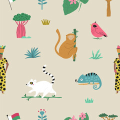 Seamless pattern with animals and symbols of Madagascar island