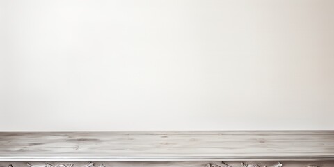 Empty wooden silver table over white wall background