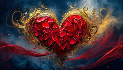 Coeur orné rempli de pétales rouges, Saint Valentin, mariage, sentiment d'amour et de romantisme - obrazy, fototapety, plakaty
