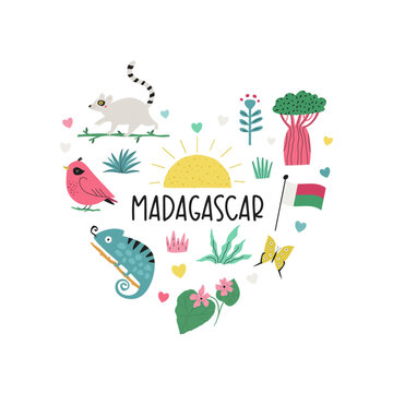 Colorful image, frame art with animals, landmarks, symbols of Madagascar island