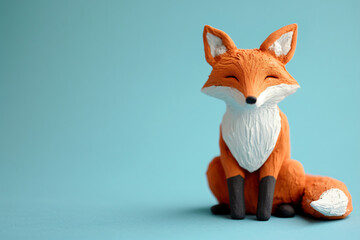 Fox figurine sitting isolated on a blue background. Plasticine art. Wildlife concept. Design for banner, poster with copy space. Minimalistic composition