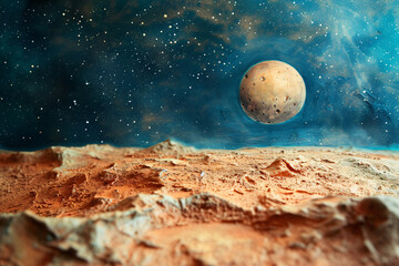 Textured martian landscape with a moon in the background. Plasticine art. Space exploration and science fiction concept. Realistic model diorama. Illustration for banner, design