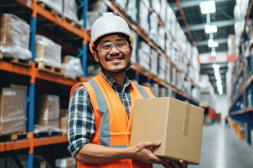 A smiling Asian male worker wearing safety clothes in a modern warehouse