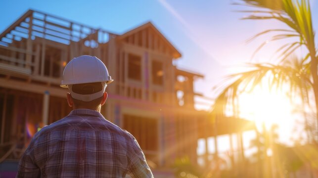 Bokeh Photo Of Person On Hard Hat Tour Of A New Home In Wood Framing Stage On A Sunny Day Rear View With Palms