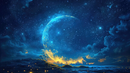 Starry Night Enhanced by a Glowing Islamic Crescent Background