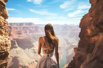 Fototapeta na wymiar A young woman looking up at the sky deep in a spectacular canyon like the Grand Canyon. Travel, the concept of natural grandeur.