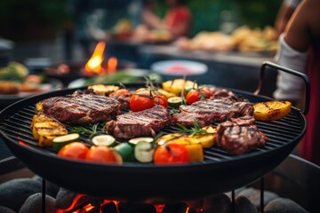 Meat and vegetables being grilled on a barbecue in a garden at a backyard party - obrazy, fototapety, plakaty