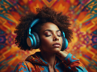Black woman on her 20s, afro hairstyle, listening to music with blue headphones and eyes closed, on...