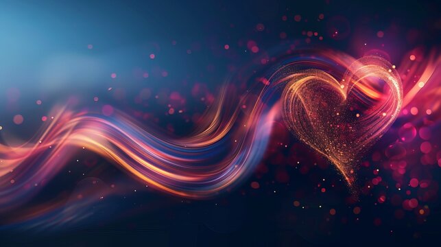 blurred maroon and pink heart with golden wave on dark blue background, valentine's day 