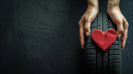 Fotobehang Car tire service and mechanic's hands holding new tire on black background, also holding hand  with heart shape and copy space for text. Valentine's day concept © Zahid