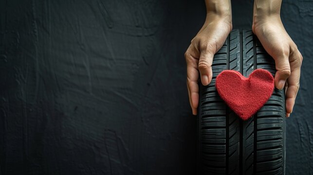 Car tire service and mechanic's hands holding new tire on black background, also holding hand  with heart shape and copy space for text. Valentine's day concept