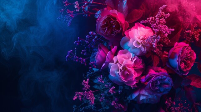 Creative floral composition over dark colored background in neon light. Concept of art, floristry, decorations, creativity, decor. Design for poster, greeting card, magazine cover or wallpaper 