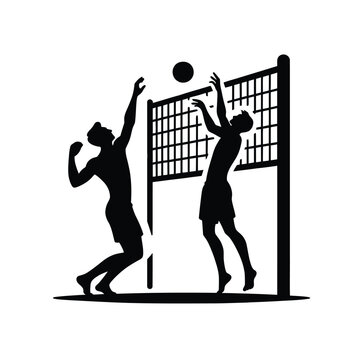 Silhouette Volleyball Players Blocking at Net
