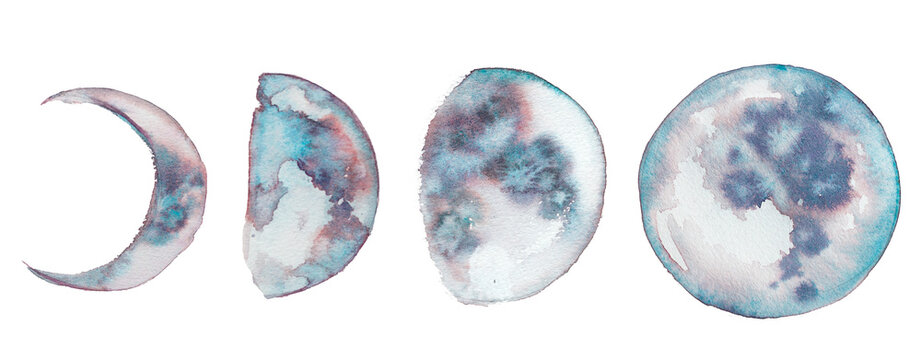 Full moon. Watercolor hand painted lunar concept illustration. Moon phase design. Night clipart.