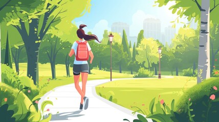 girl rucking with backpack on the back, doing fitness in sport clothes on the park on summer day,