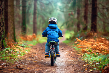 child riding a bicycle on a dirt path through a forest