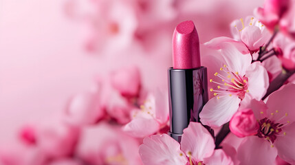 Obraz na płótnie Canvas Pink Lipstick with Cherry Blossoms Beauty Concept