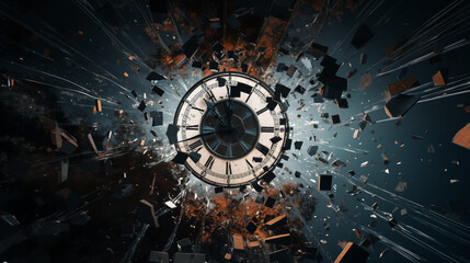 Shattered Clock Frozen in Time in a Dark Surreal Vortex - obrazy, fototapety, plakaty