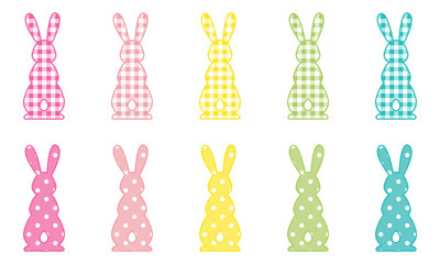 Silhouettes set of rabbits. Bunny ears, buffalo plaid and polka dots pattern. Clipart. Easter design elements. Vector illustration