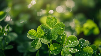 Vibrant Four-Leaf Clover Close-Up with Bokeh Background
