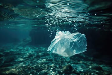Fototapeta premium An underwater plastic bag floating in the ocean, pollution, single use plastic bags, natural disaster