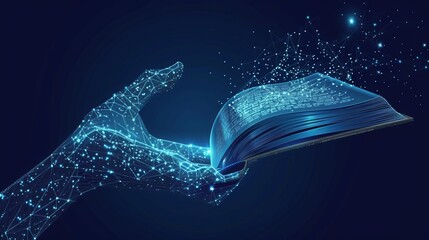 Human hand touching on a book. Low poly wireframe online education blue background or concept with opened book. Digital Vector illustration. Online reading or courses. 