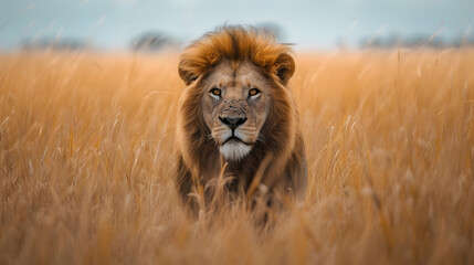 Majestic Lion Staring Intently in Tall Golden Grass