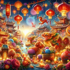 Happy Chinese New Year! New Year illustration, city decorated with fireworks, lantern. Concept for greeting card, poster or background