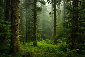 dense forest emerges from the mist, with towering trees adorned with intricate patterns of moss and lichen