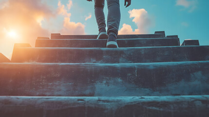 Person Climbing Stairs Towards Sunlight Concept of Challenge and Success