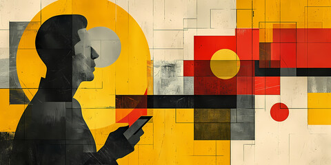 A vibrant portrayal of modern connectivity as a man engrossed in his phone becomes a living canvas of abstract colors and shapes