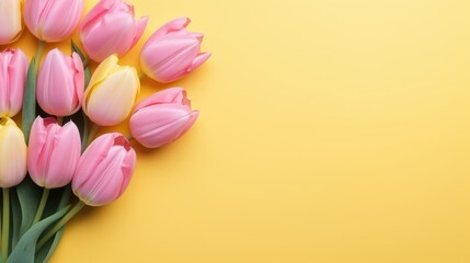 Fototapeta na wymiar Spring pink tulips on a yellow background, a holiday card. Mother's Day, women's Day, Valentine's Day.