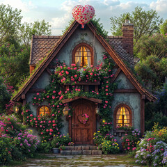 Step into a magical world where a charming little house stands, adorned with flowers and a heart-shaped balloon soaring high above, beckoning you to explore its its secre. St Valentine's Day Concept.