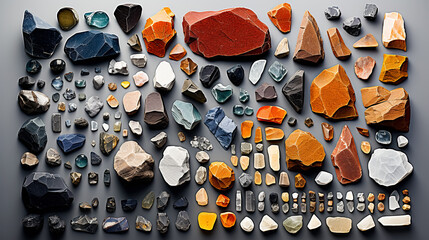 Collection of various gemstones and minerals neatly laid out on a gray background. Top view.